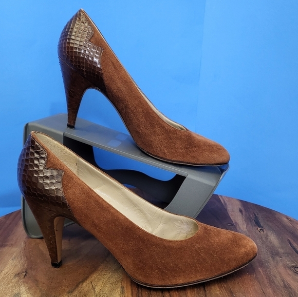 Salvatore Ferragamo Pumps Suede with Snake/Scale Heel Caramel/Brown Women's 8.5 - Picture 3 of 13